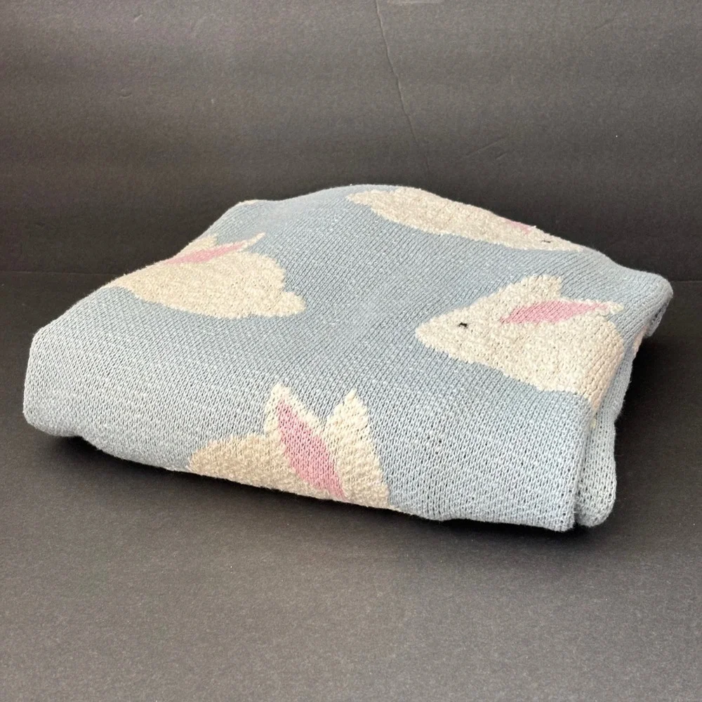 Safavieh Cotton Knit Bunny Rabbit Baby Blanket Light Blue Grey Reversible Luxe